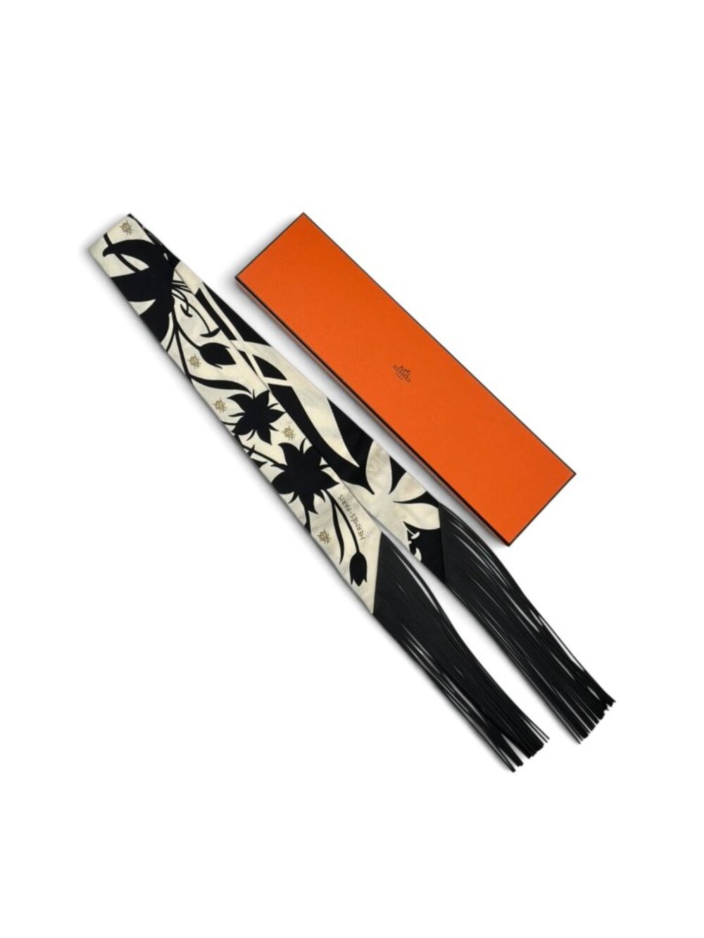 HERMES Silk And Leather Fringe Twilly With Bee And Floral Print